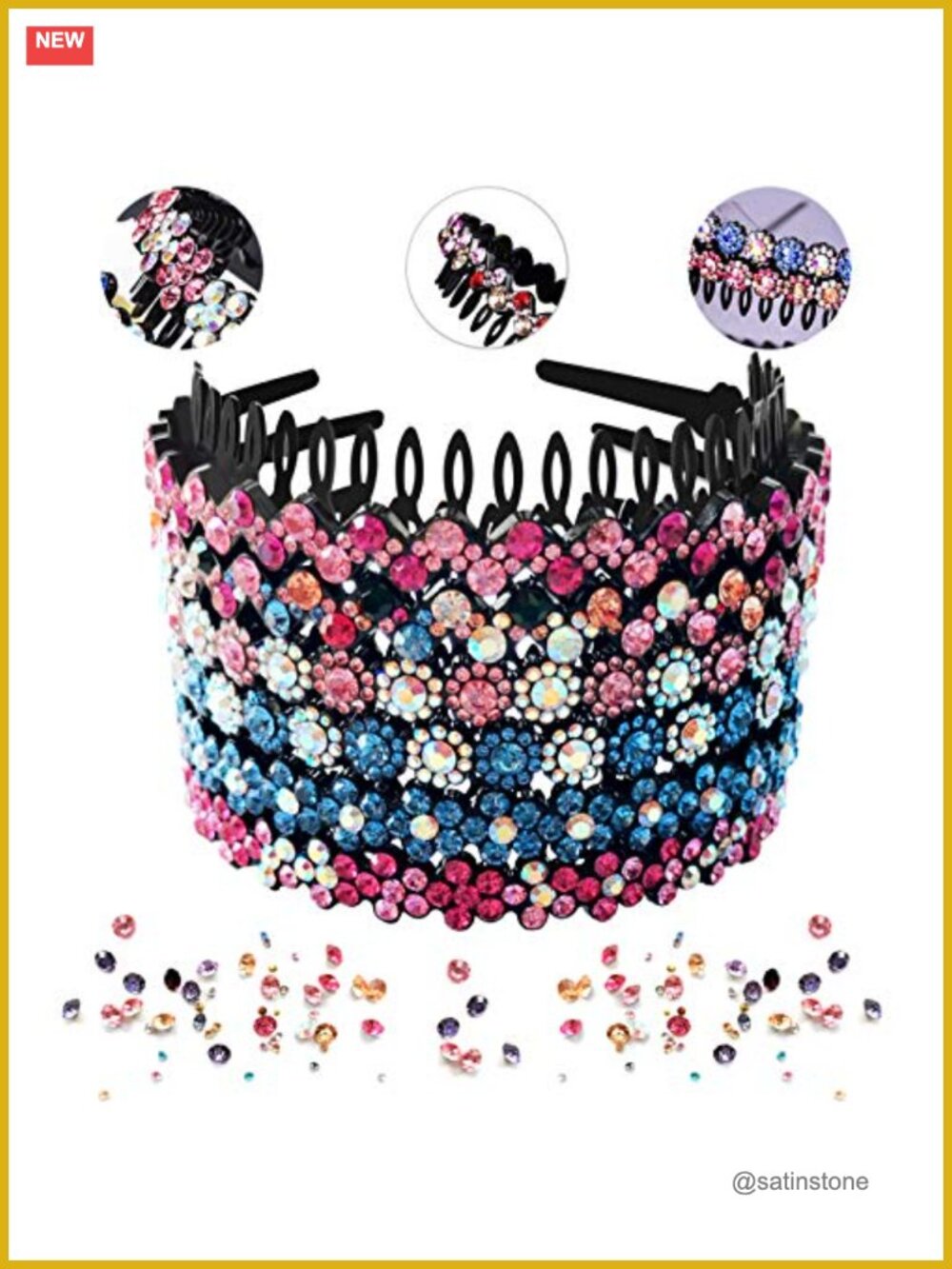 6 Pack Rhinestone Teeth Comb Headbands Non-Slip Hard Plastic Hair Hoop